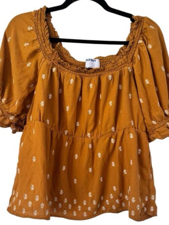 Old Navy Tops - Old Navy Mustard Yellow Smocked Puff Sleeve Peasant Top Women’s Size Large